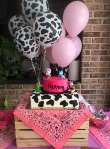 A birthday cake with balloons on top